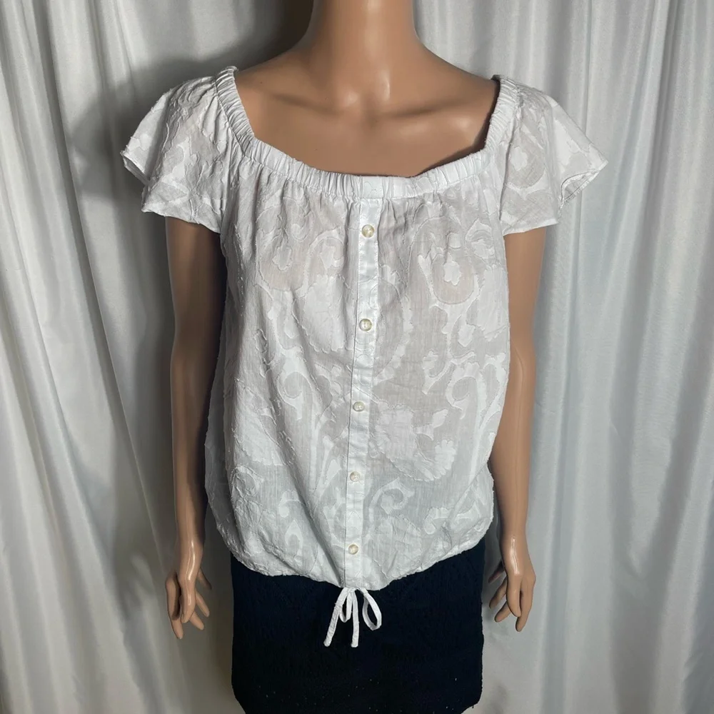 Laundry By Shelli Segal White Textured Cotton Blouse Flutter Sleeve Small - Picture 7 of 11